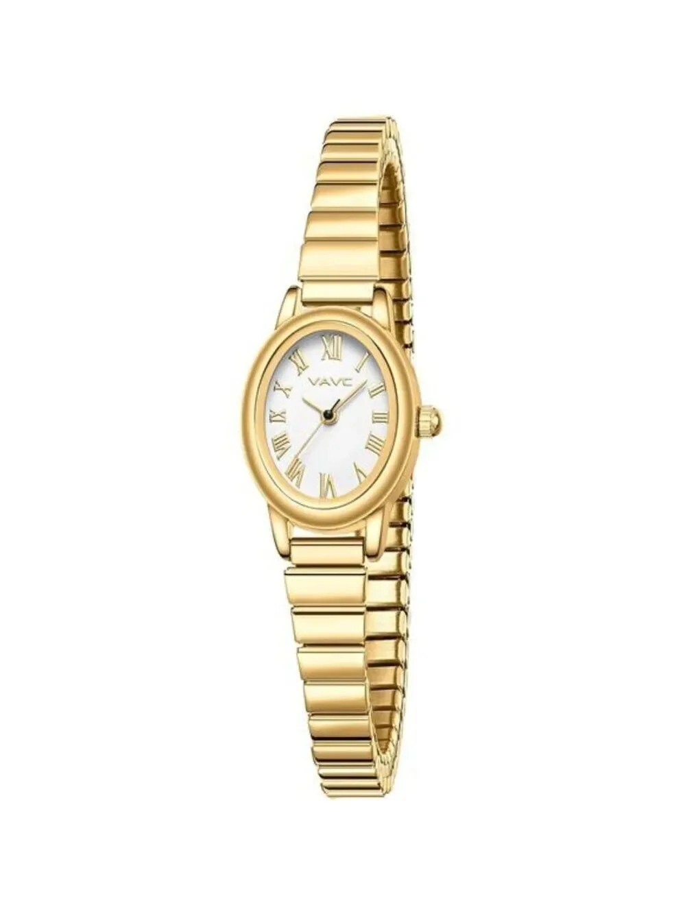Womens Small Gold Watch Oval Face Roman Dial Stretch Band Water Resistant